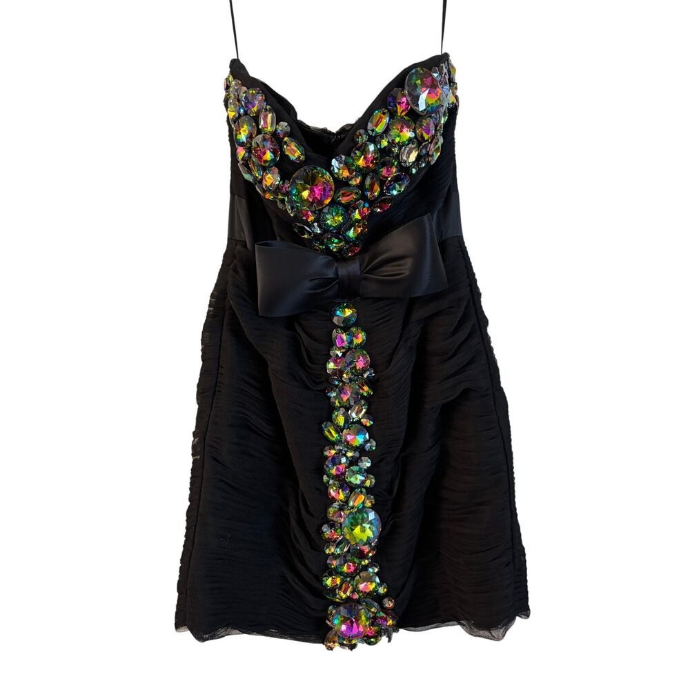 Jovani Rhinestone Bow Black Mini Dress Prom Cocktail Strapless Size 8